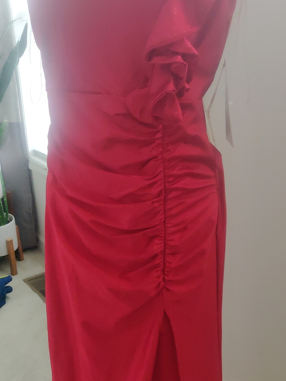 New!Red One-Shoulder Ruffled Evening Gown Fitted Ruffle Front Slit Y2K Cottageco - Picture 3 of 12
